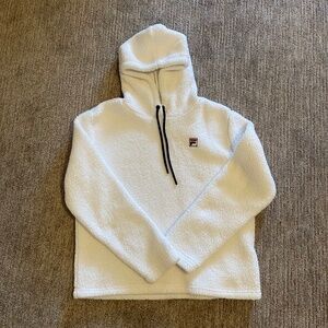 Fila Sherpa Hoodie White with‎ navy drawstring at neckline
